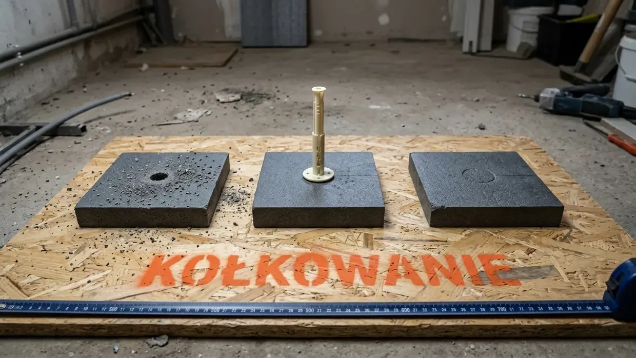 Trzy etapy prawidłowego kołkowania styropianu grafitowego ułożone od lewej do prawej na płycie OSB.