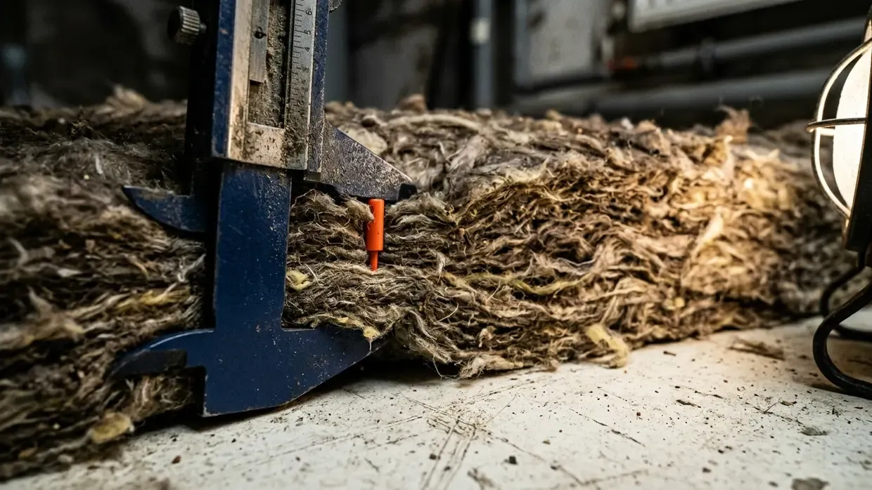 Zbliżenie makro na strukturę wełny mineralnej mierzonej niebieską suwmiarką na zakurzonym betonowym podłożu.