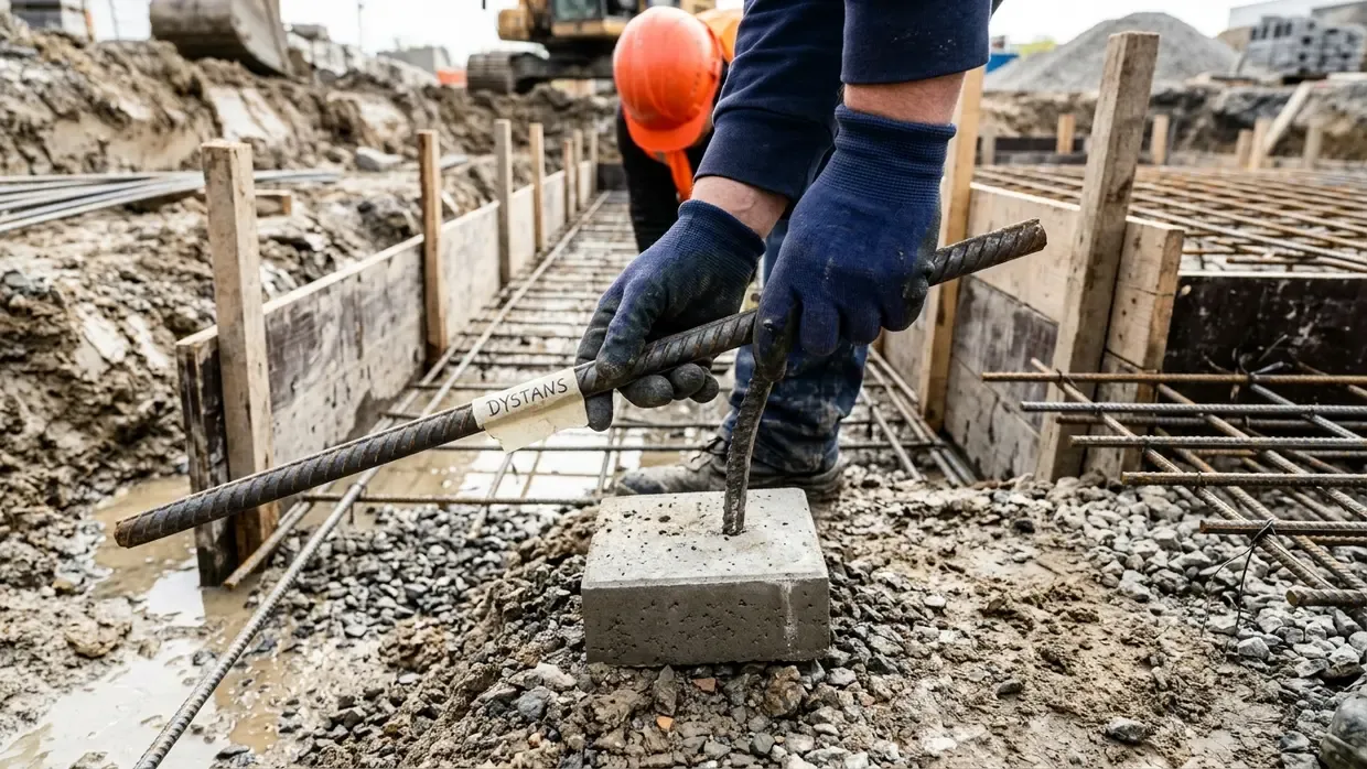 Dłonie pracownika w rękawicach układające pręt zbrojeniowy na betonowej podkładce dystansowej w wykopie fundamentowym.