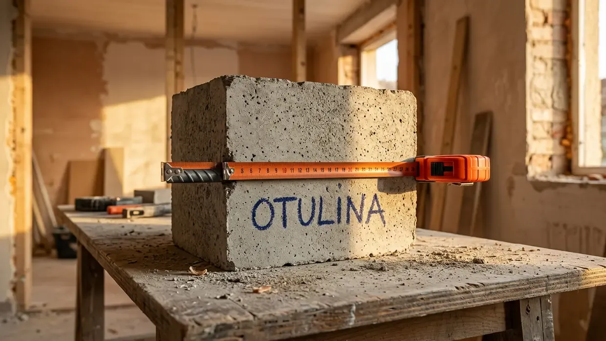 Przekrój bloku betonowego na drewnianym stole z miarką wskazującą grubość otuliny chroniącej pręt zbrojeniowy.