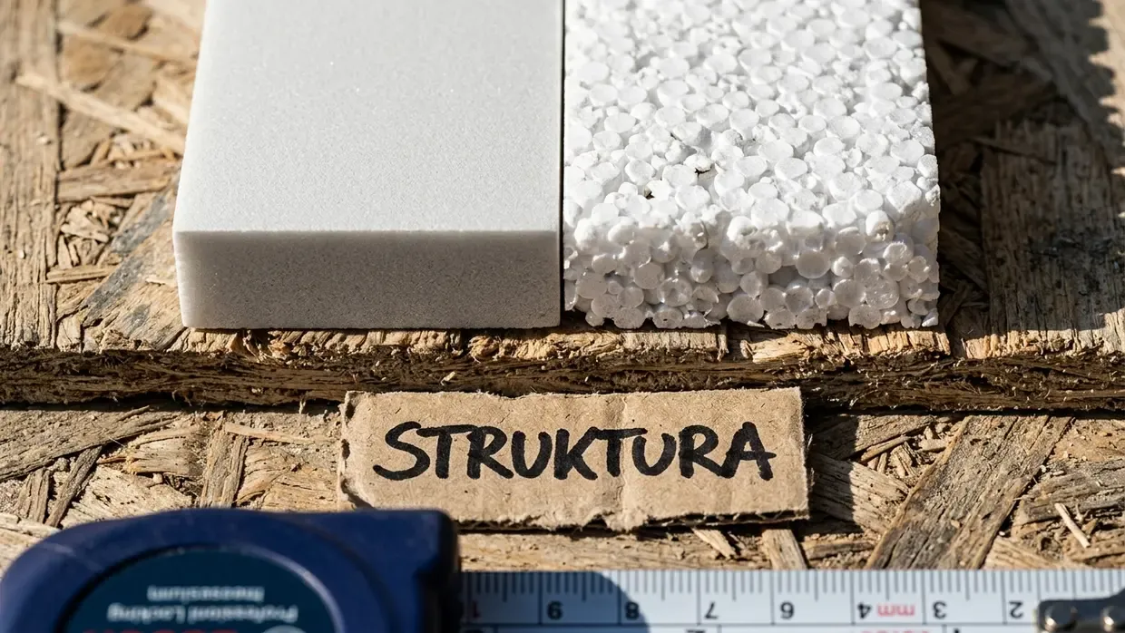 Zbliżenie na gładką strukturę XPS i porowatą budowę EPS leżące obok siebie na płycie OSB. Widoczny napis struktura.