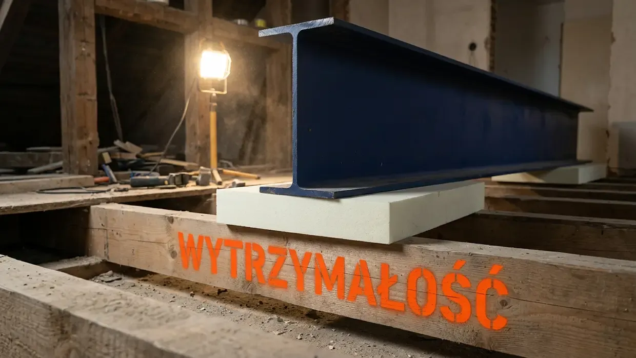 Ciężki stalowy dwuteownik oparty na płycie izolacyjnej bez jej odkształcenia, na drewnianych legarach. Napis wytrzymałość.