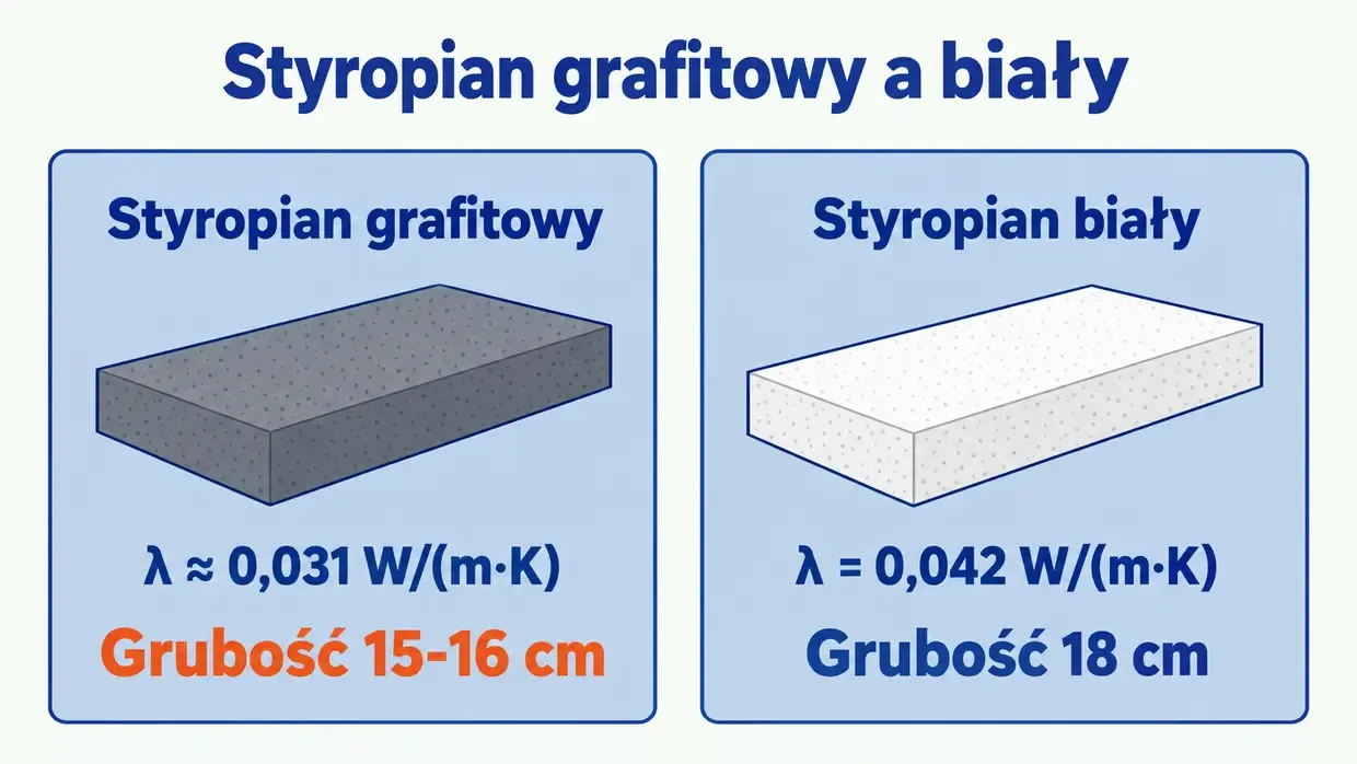Porównanie parametrów styropianu grafitowego i białego: współczynnik przewodzenia ciepła oraz wymagana grubość.