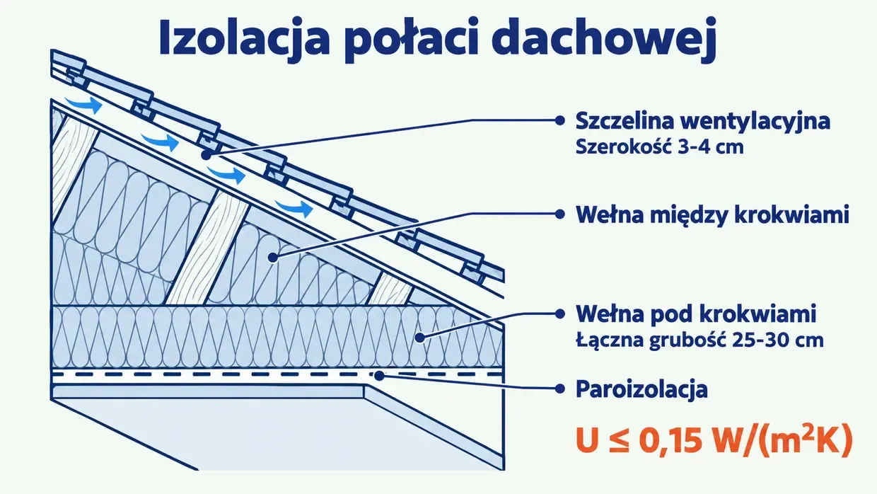 Przekrój dwuwarstwowego ocieplenia dachu skośnego wełną mineralną z wymaganą grubością i współczynnikiem U.