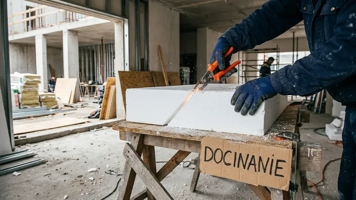 Ręce pracownika w rękawicach tnące blok styropianu drutem termicznym na drewnianym stojaku, obok napis docinanie.