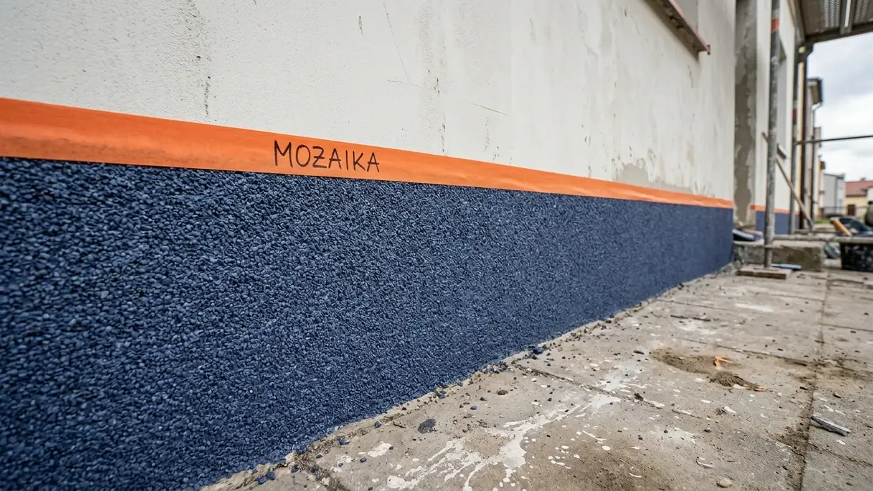 Dolna część elewacji z nałożonym tynkiem mozaikowym na cokole, oddzielona taśmą od surowej ściany.