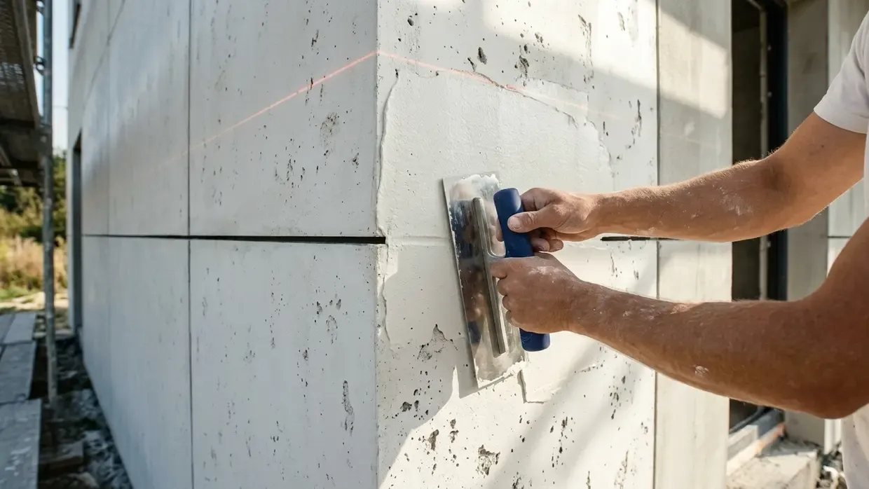 Ręce pracownika zacierające tynk imitujący beton architektoniczny pacą wenecką na elewacji.