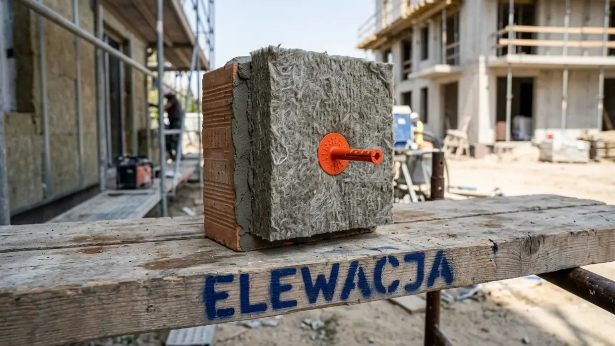 Przekrój warstw ocieplenia elewacji: pustak, klej, wełna mineralna i pomarańczowy kołek z talerzykiem na desce.