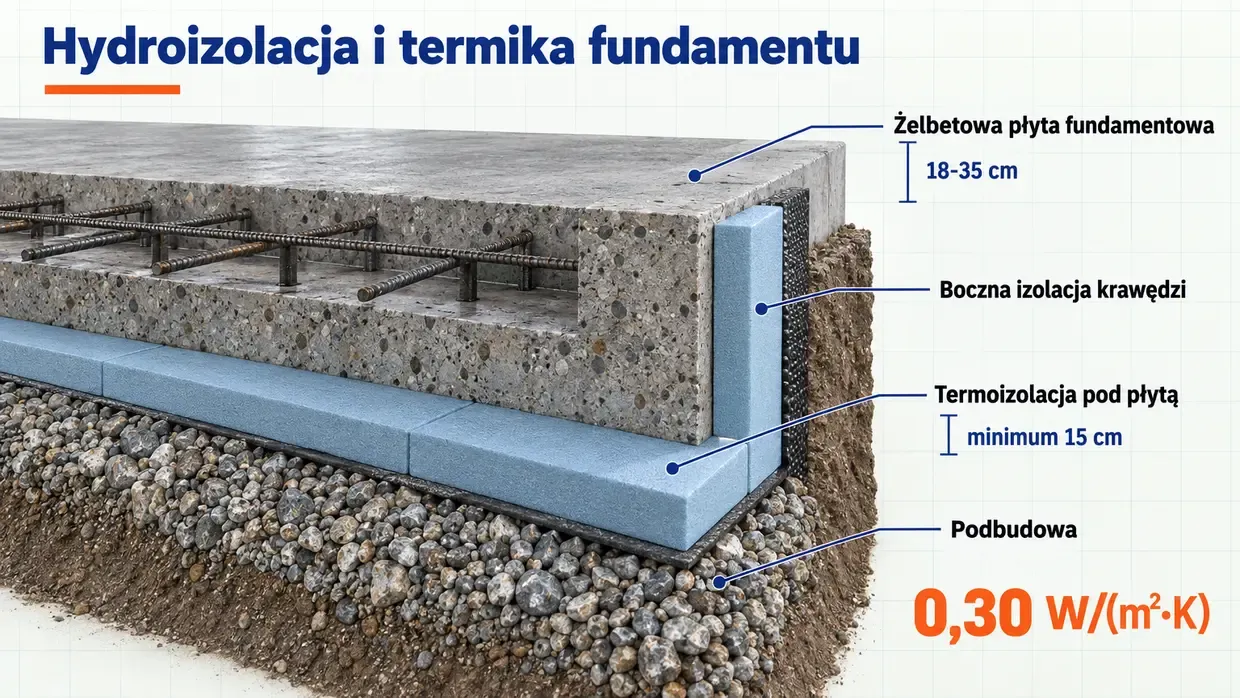 Przekrój warstw płyty fundamentowej z termoizolacją minimum 15 cm i parametrem U do 0,30 W/(m²·K).