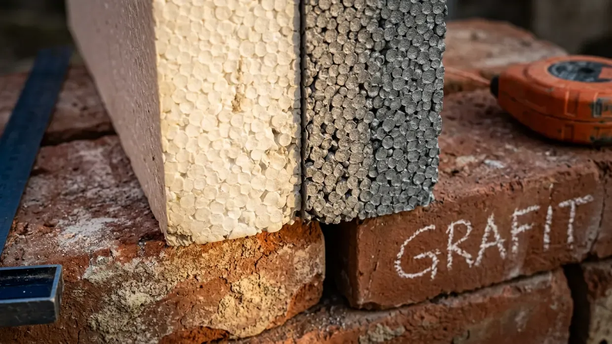 Zbliżenie na strukturę komórkową białego i szarego styropianu leżącego na cegłach z kredowym napisem grafit.