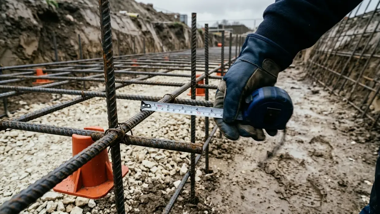Dłoń pracownika mierząca taśmą rozstaw oczek na grubej siatce zbrojeniowej ułożonej w wykopie fundamentowym.