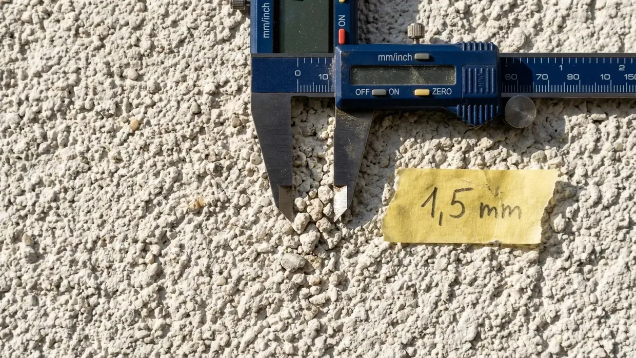 Zbliżenie na strukturę baranka tynku cienkowarstwowego z suwmiarką i taśmą z napisem 1,5 mm.