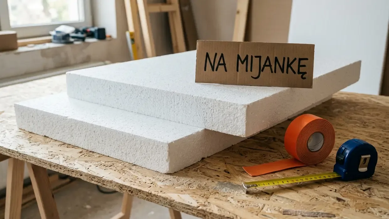 Dwie warstwy styropianu ułożone na mijankę na płycie OSB z pomarańczową taśmą dylatacyjną i napisem na surowym kartonie.