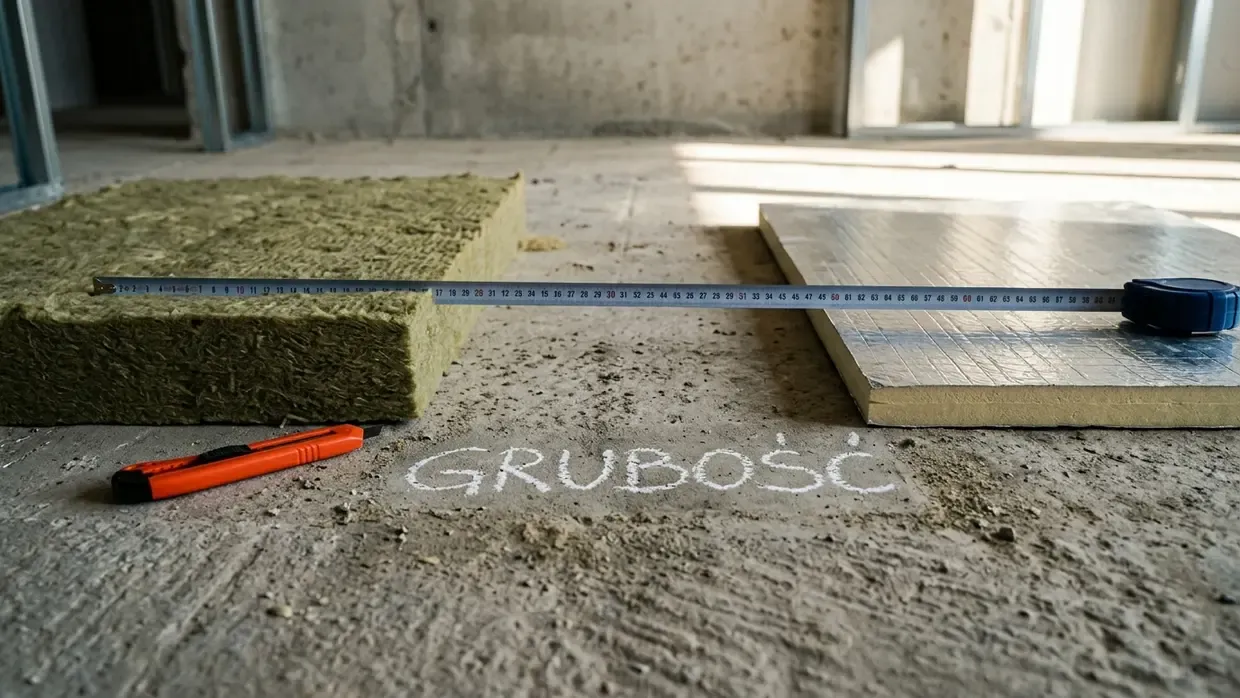 Porównanie grubej wełny mineralnej i cienkiej płyty PIR na betonowej posadzce z miarką i napisem grubość.