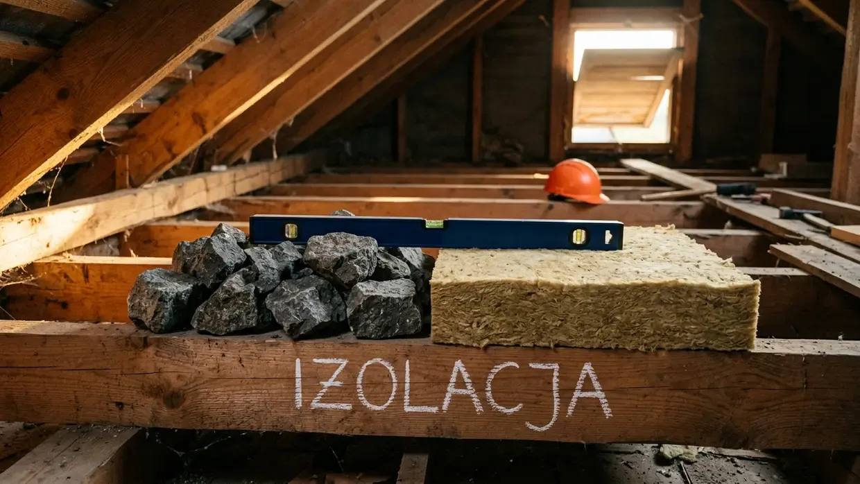 Porównanie ciężkiego bazaltu i lekkiej płyty z wełny skalnej na drewnianych belkach poddasza, obok niebieskiej poziomicy.