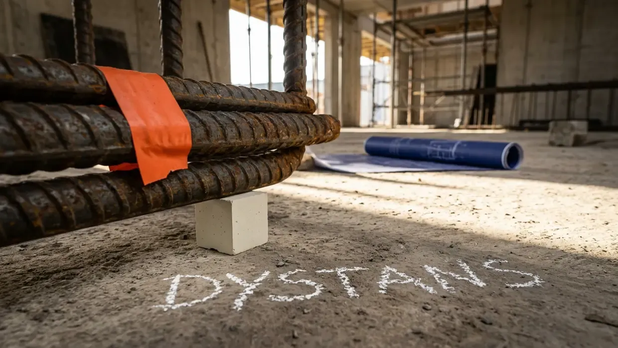 Mały dystans betonowy podtrzymujący masywne pręty zbrojeniowe na zapiaszczonej posadzce z kredowym napisem dystans.